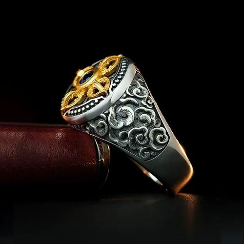 Eye-Catching Presence Vintage Two-Tone Metal Cross Ring Inlaid with Blue Crystal Adjustable Opening + Stunning Relief Design Comes with Gift Box Men Look Extra Stylish with Layered Charm