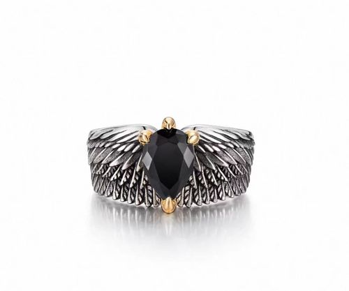 Original Retro Eagle Feather Ring for Men, Silver-Plated Black Crystal with Trendy & Cool Design, Niche Personalized Versatile Open Adjustable Ring with Gift Box Packaging