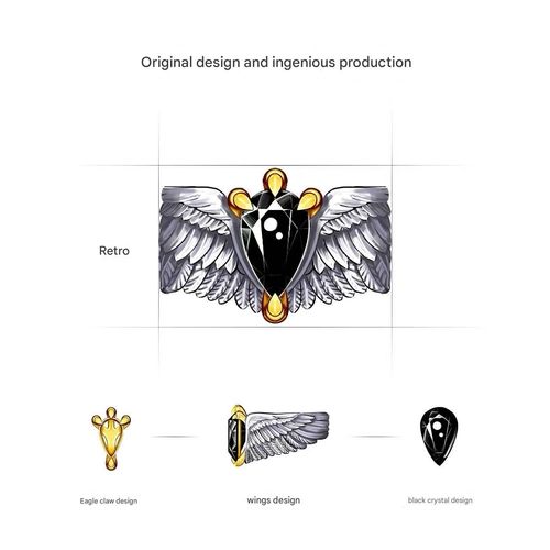 Original Retro Eagle Feather Ring for Men, Silver-Plated Black Crystal with Trendy & Cool Design, Niche Personalized Versatile Open Adjustable Ring with Gift Box Packaging