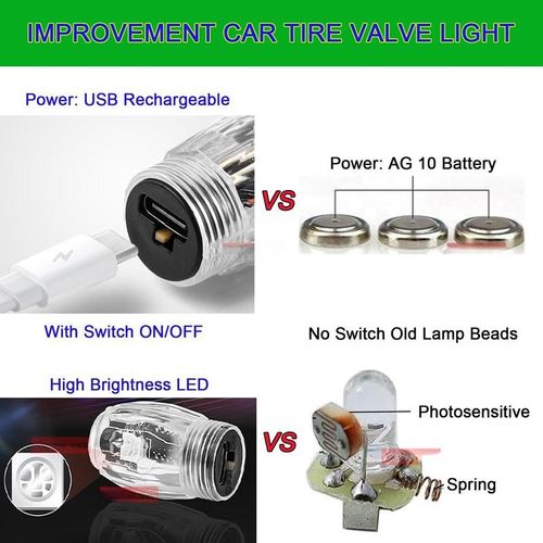 4PCS USB Rechargeable LED Tire Valve Lights Waterproof RGB Flashing Wheel Lights for Bicycles Motorcycles and Cars USA Valve Compatible