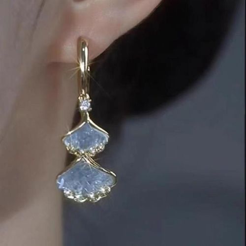 New 2025 Unique Sparkling Blue Crystal Ginkgo Leaf Tassel Earrings - Slimming Face & Elegant Style