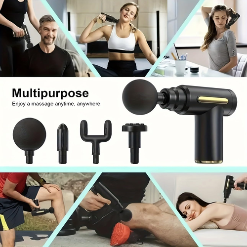 Electric Massage Machine with Replacement Heads, Black, 1 Set, Portable Handheld Muscle Massage Gun, GLOBAL PICKS