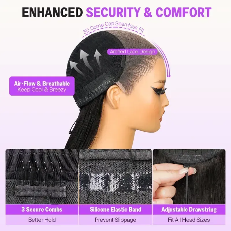 3 Step Easy Install Long Straight Black HD Lace Wig Invisible Drawstring Lace Tape Beginner Friendly Full Head Wig