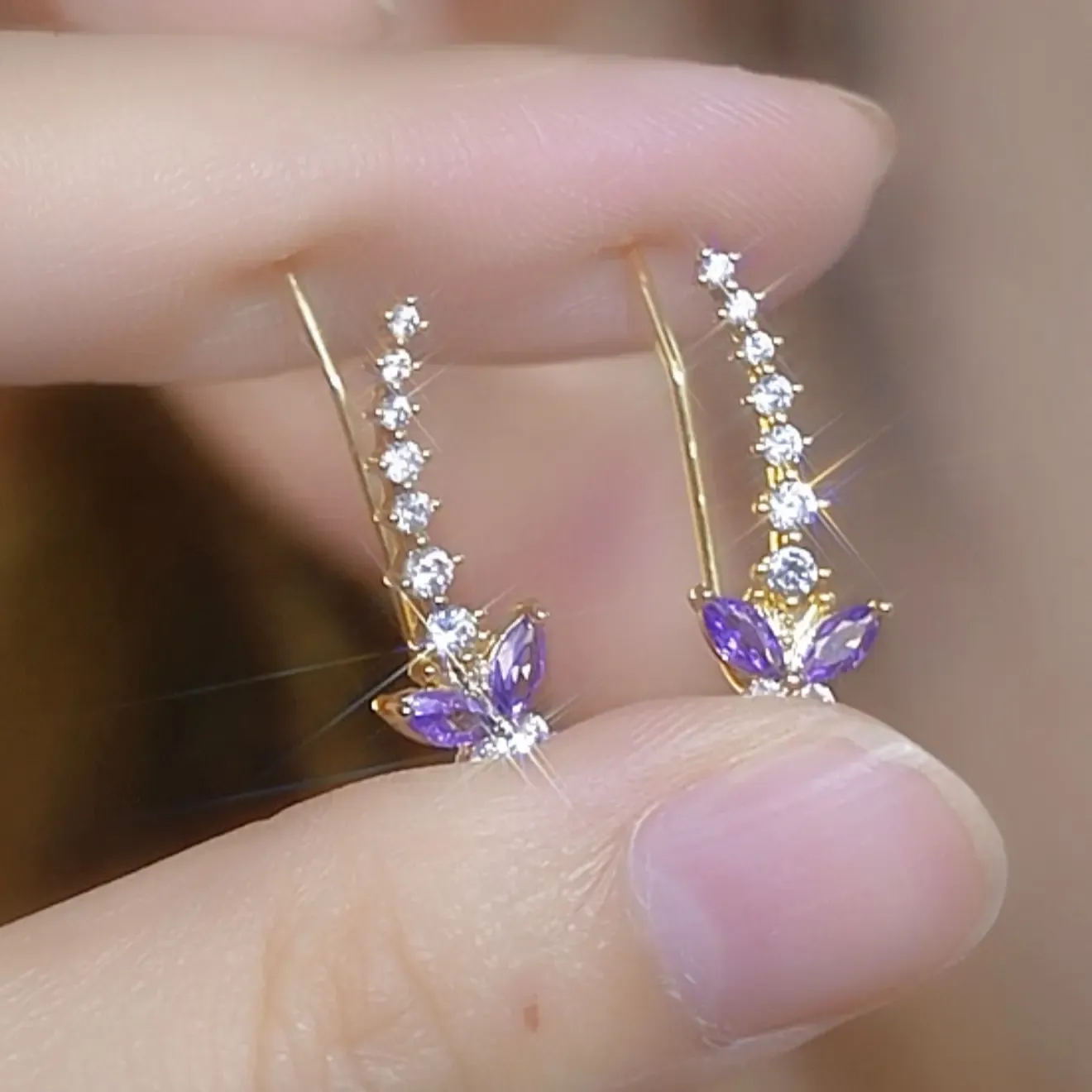 Purple Butterfly Crystal Ear Climber Earrings for Women Dainty Gold Plated Crawler Earrings
