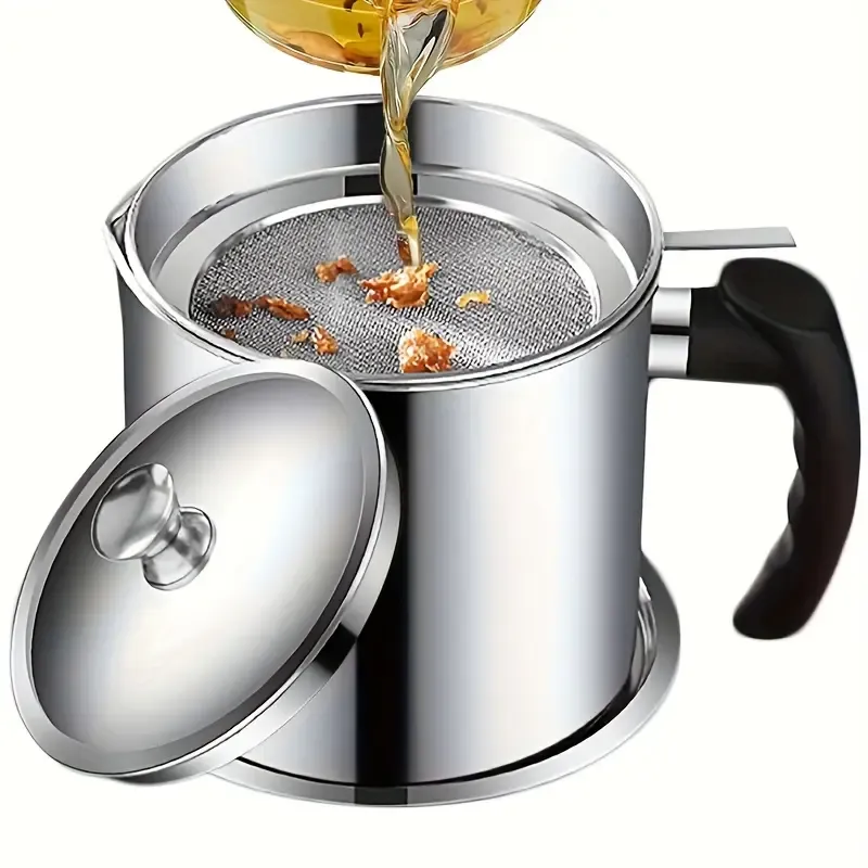 Stainless Steel Oil Strainer Pot with Fine Mesh Filter - Grease Separator and Storage Container for Cooking Oil