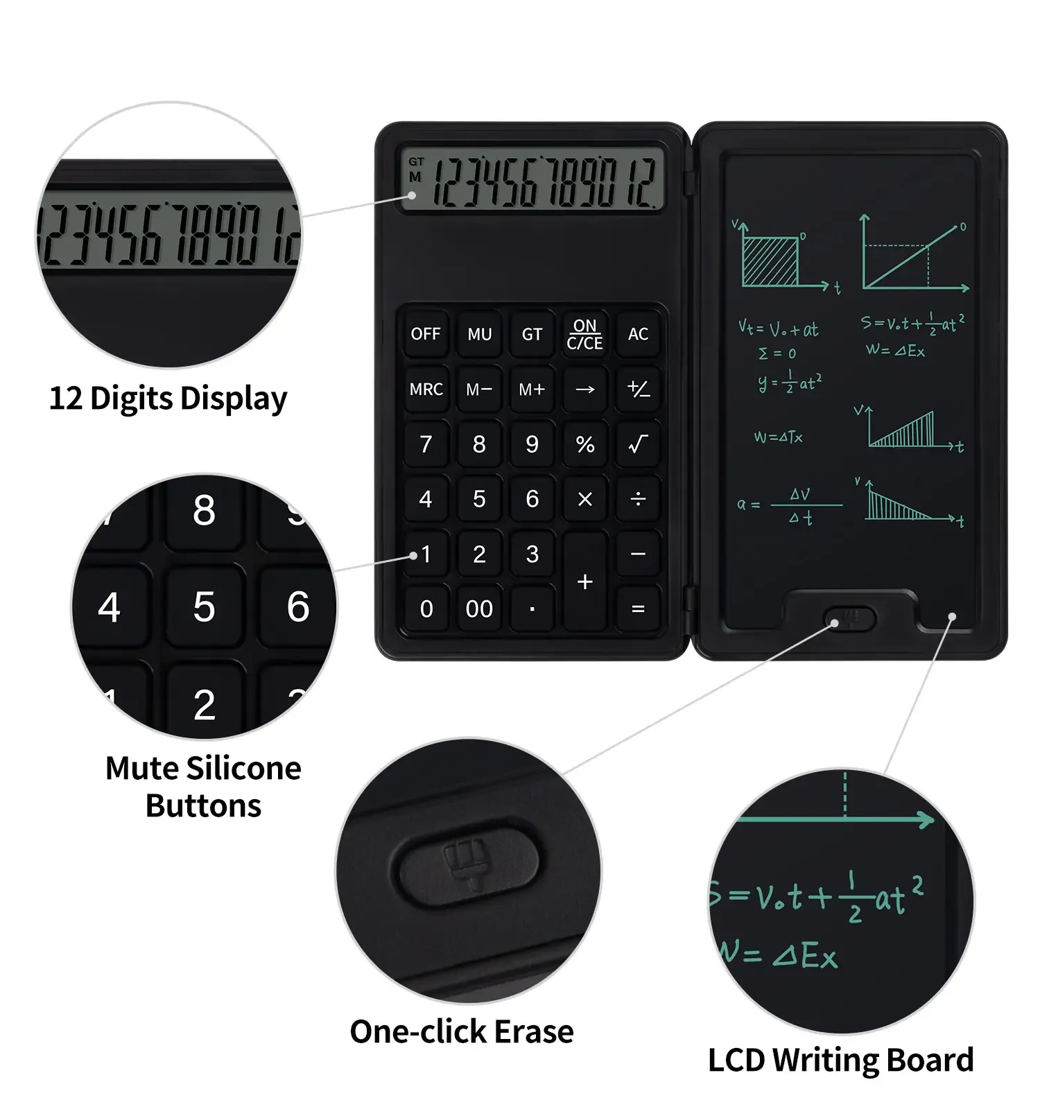 12 Digits 3 in 1 Foldable Calculator with LCD Writing Board Portable Electronic Notepad with Stylus Pen for Office School Business