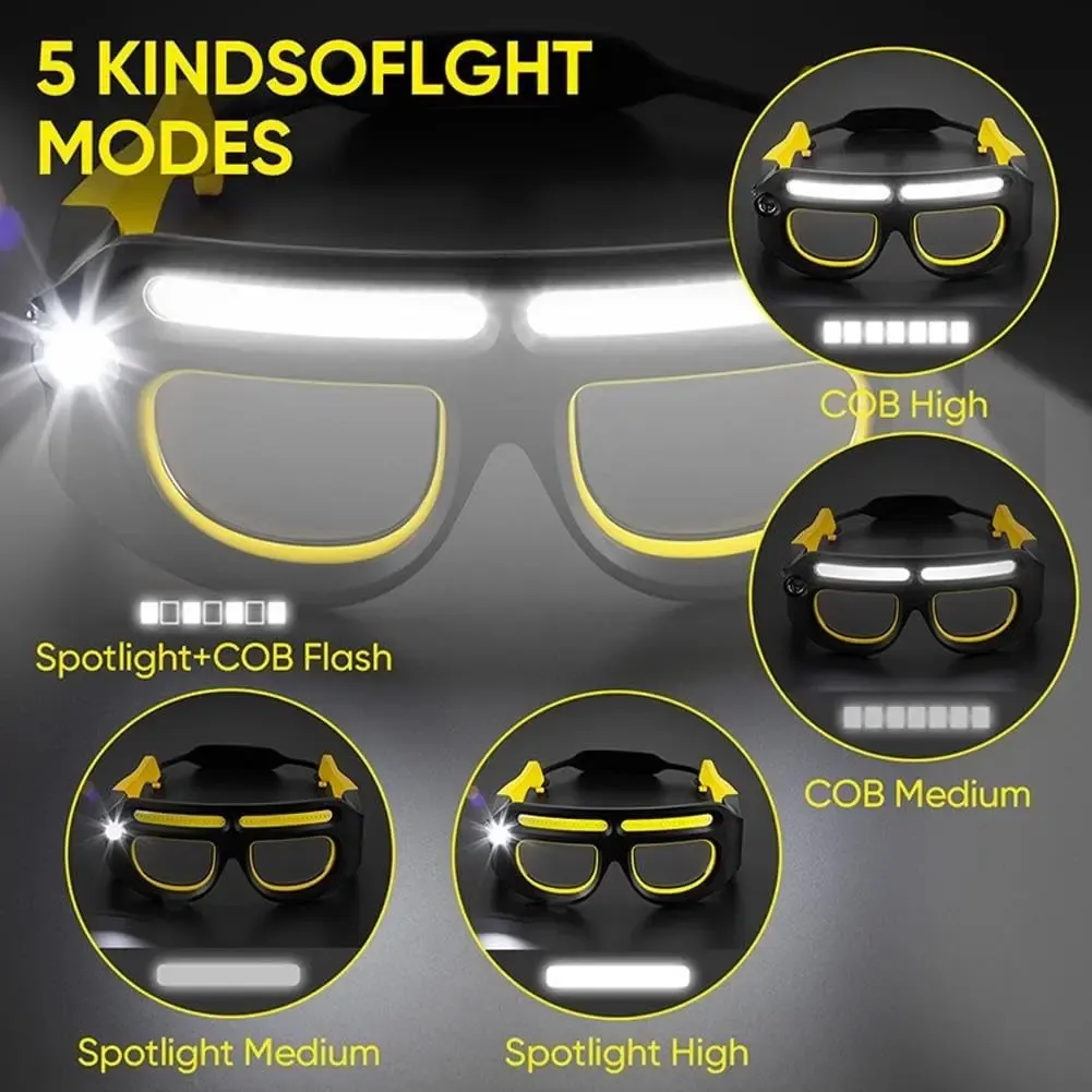 Hands Free LED Headlamp Glasses 5 Modes COB XPE Work Light Waterproof Rechargeable Safety Glasses for Repair Hiking Cycling
