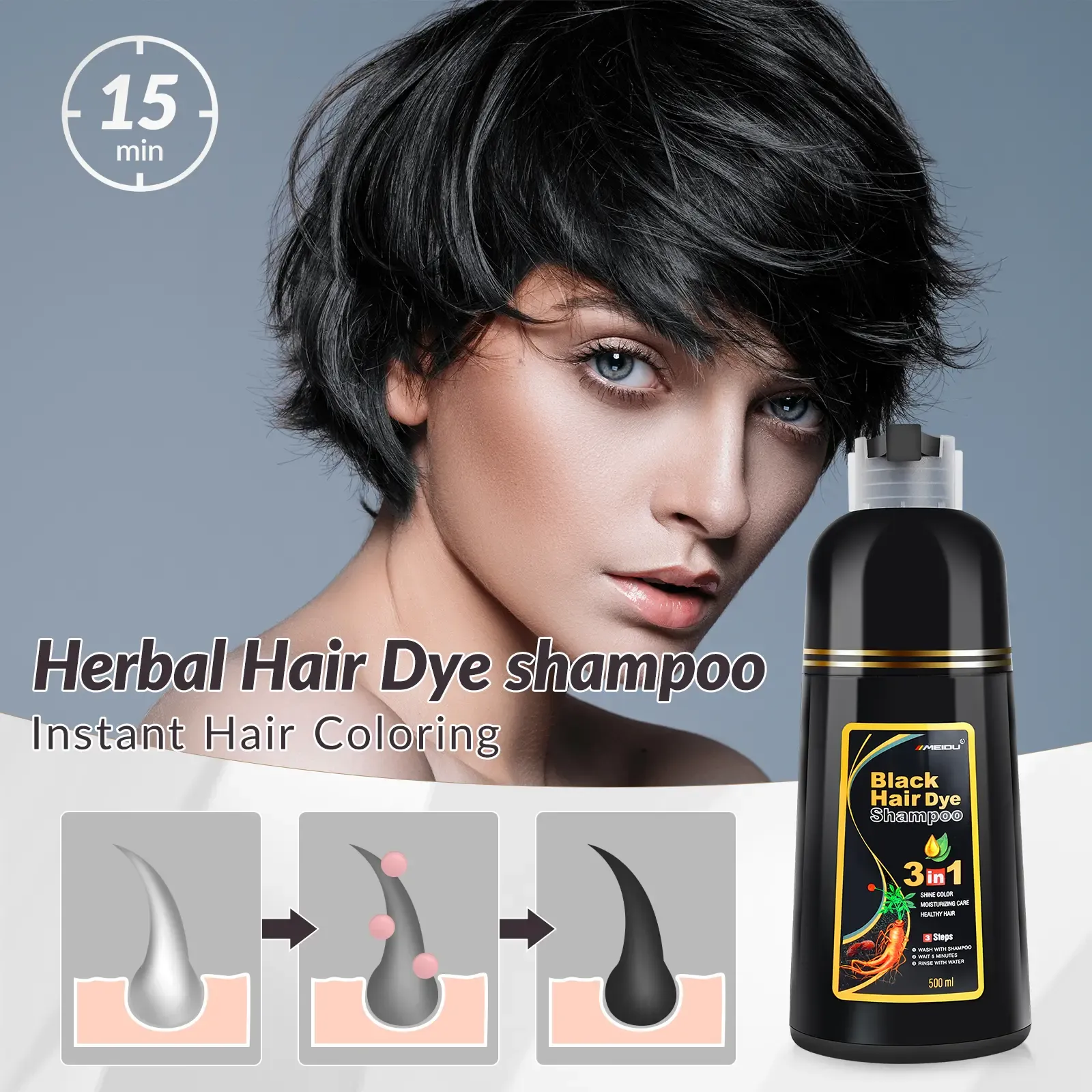 3 in 1 Black Hair Dye Shampoo Natural Herbal Permanent Hair Color for Gray Hair Coverage with Ginseng Hair Mask Best Gift for Parents