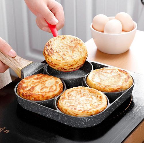 Non Stick 4 Slot Cooking Pan with Wooden Handle for Multiple Foods