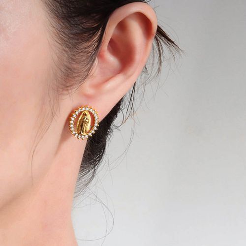 Gold Plated Virgin Mary Stud Earrings with Sparkling Crystal Surround