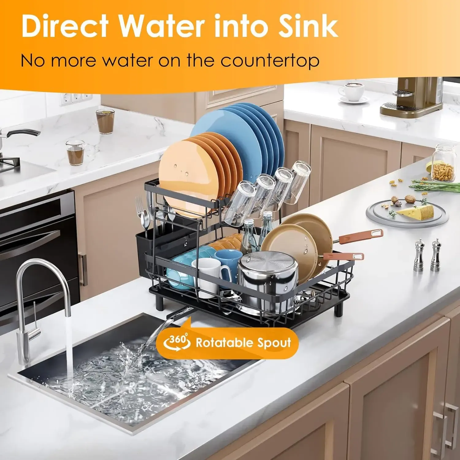 2 Tier Dish Drying Rack with Auto Drain System Detachable Cup Holder Utensil Holder Anti Rust Dish Rack for Kitchen Counter