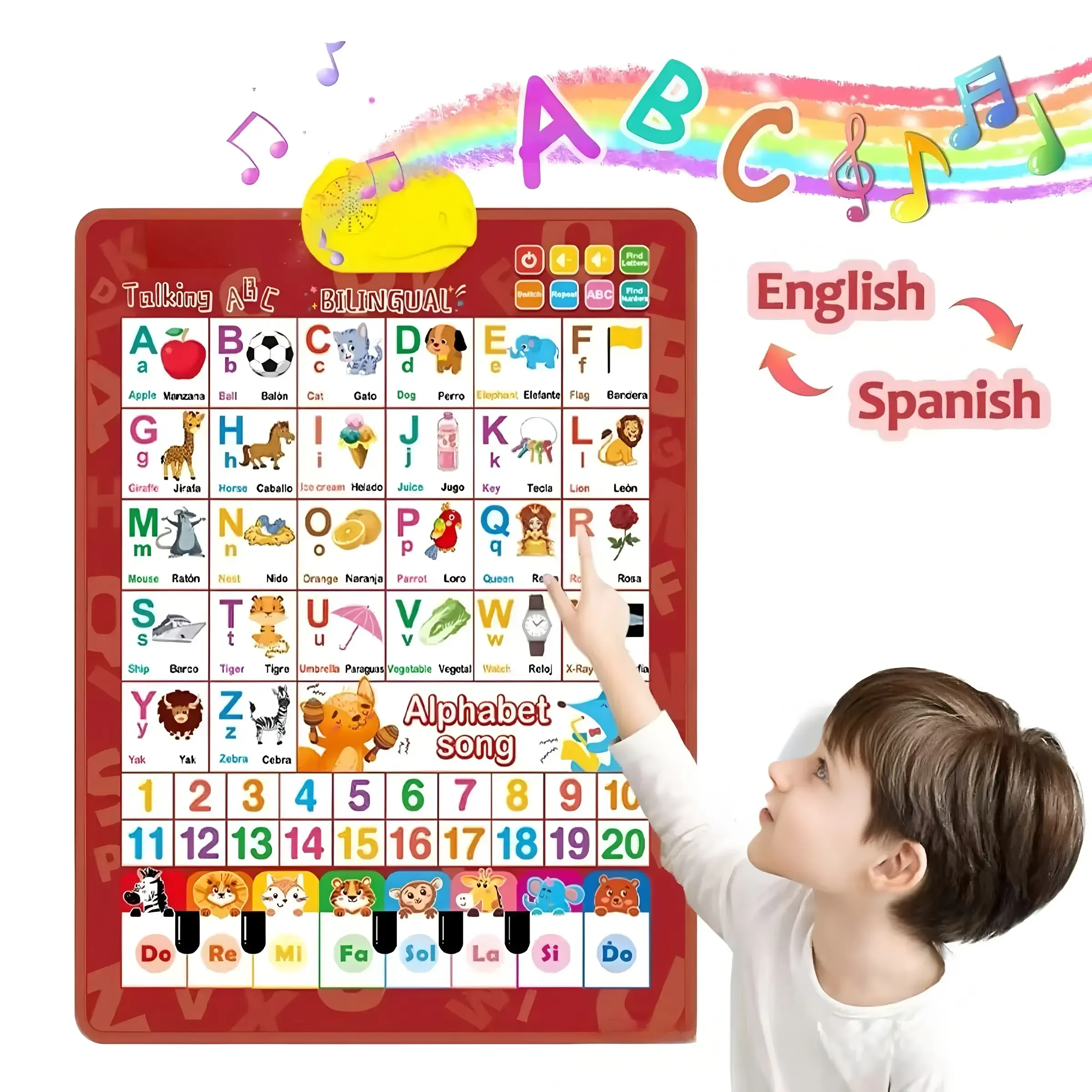 Bilingual English Spanish Interactive Talking Poster Educational Toy for Kids Toddlers Learning Alphabet Numbers Piano