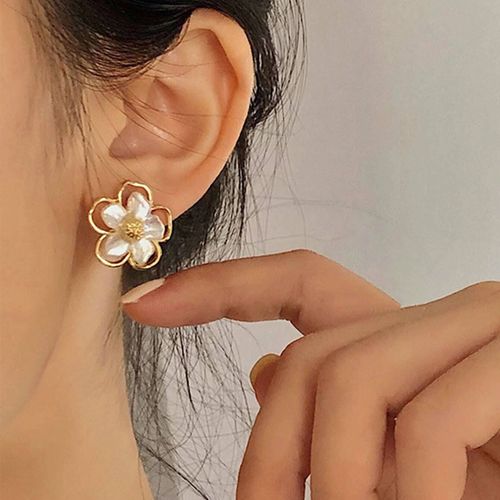 Delicate Five Petal Flower Earrings with Pearl Shell Finish