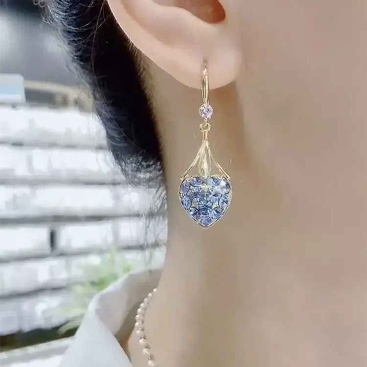 Blue Heart Crystal Dangle Earrings Gold Plated Drop Earrings for Women