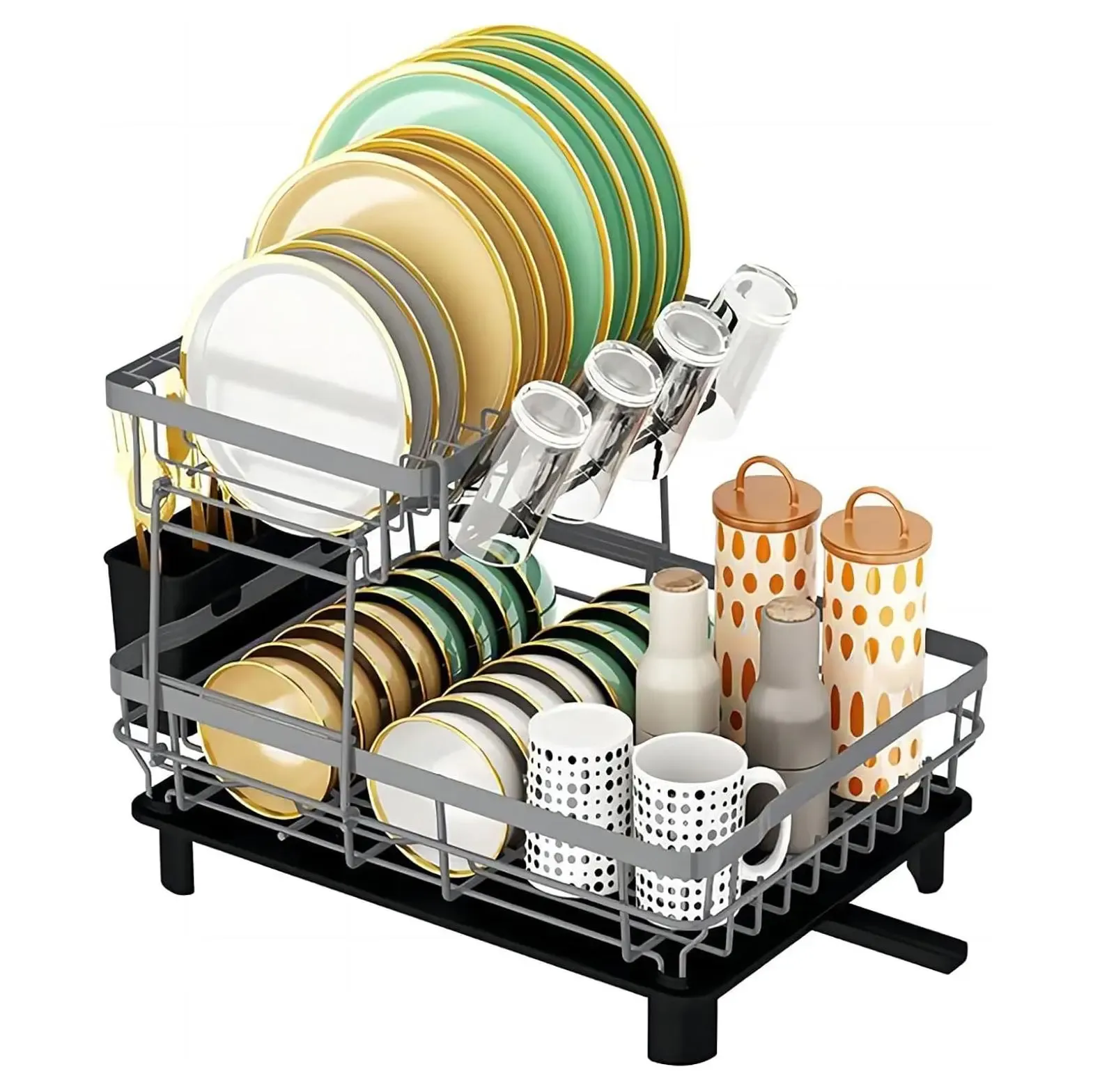 2 Tier Dish Drying Rack with Auto Drain System Detachable Cup Holder Utensil Holder Anti Rust Dish Rack for Kitchen Counter