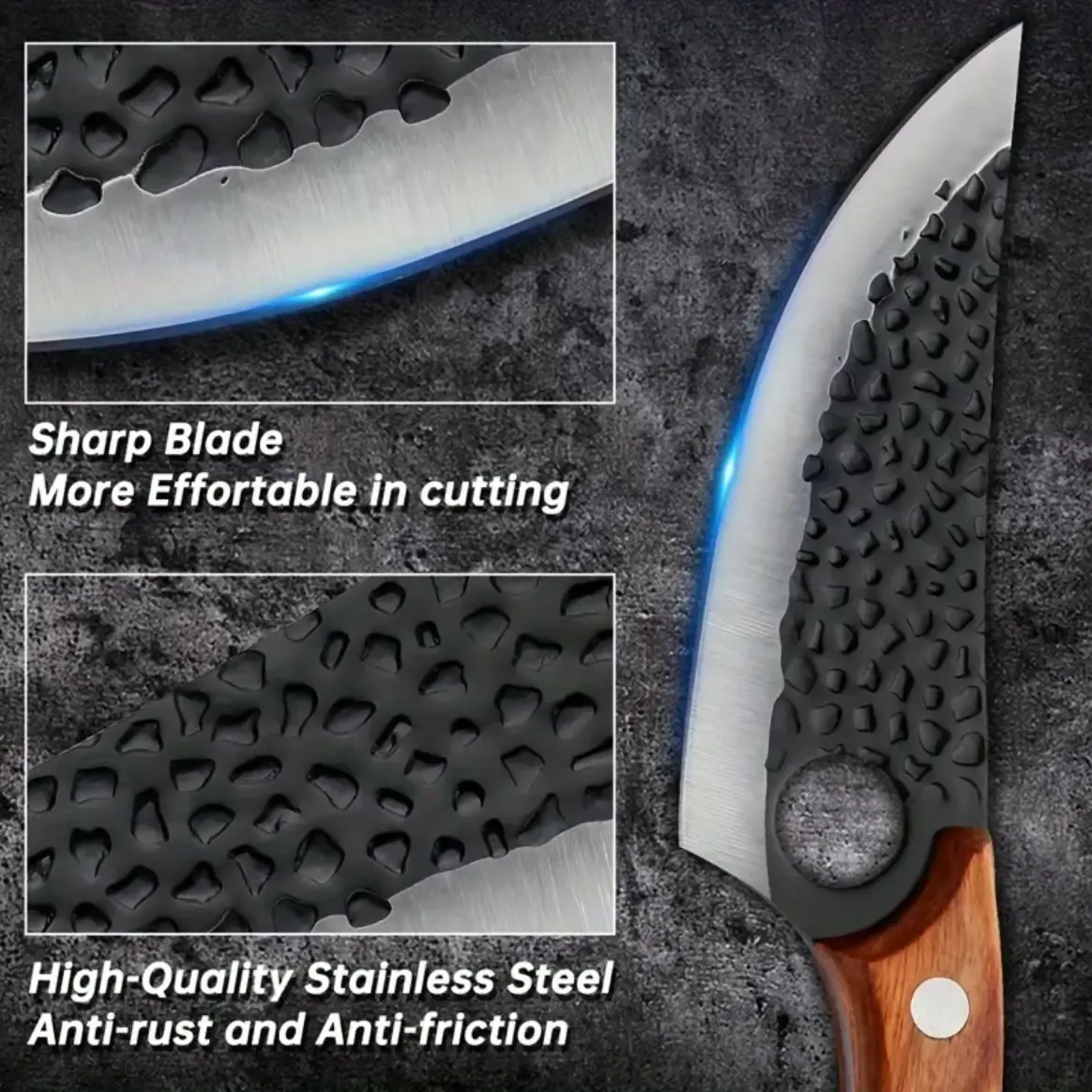 Hand Hammered Forged Boning Knife 5CR15 Stainless Steel Utility Knife with Hanging Hole for Easy Storage