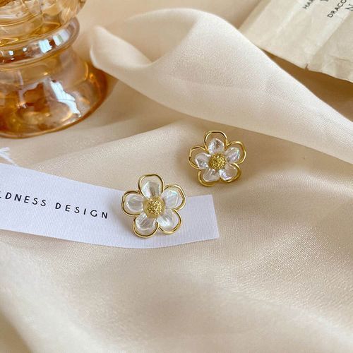 Delicate Five Petal Flower Earrings with Pearl Shell Finish