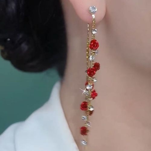 Red Rose Flower Crystal Dangle Earrings Long Drop Earrings for Party Wedding