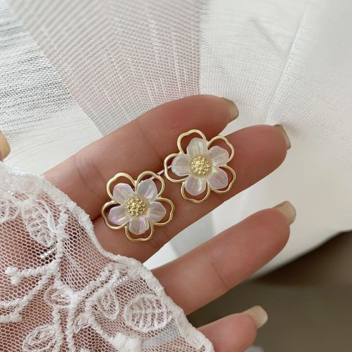 Delicate Five Petal Flower Earrings with Pearl Shell Finish