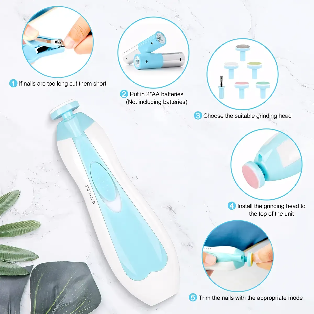 Baby Electric Nail Trimmer with LED Light Quiet Motor 6 Grinding Heads for Infants and Newborns