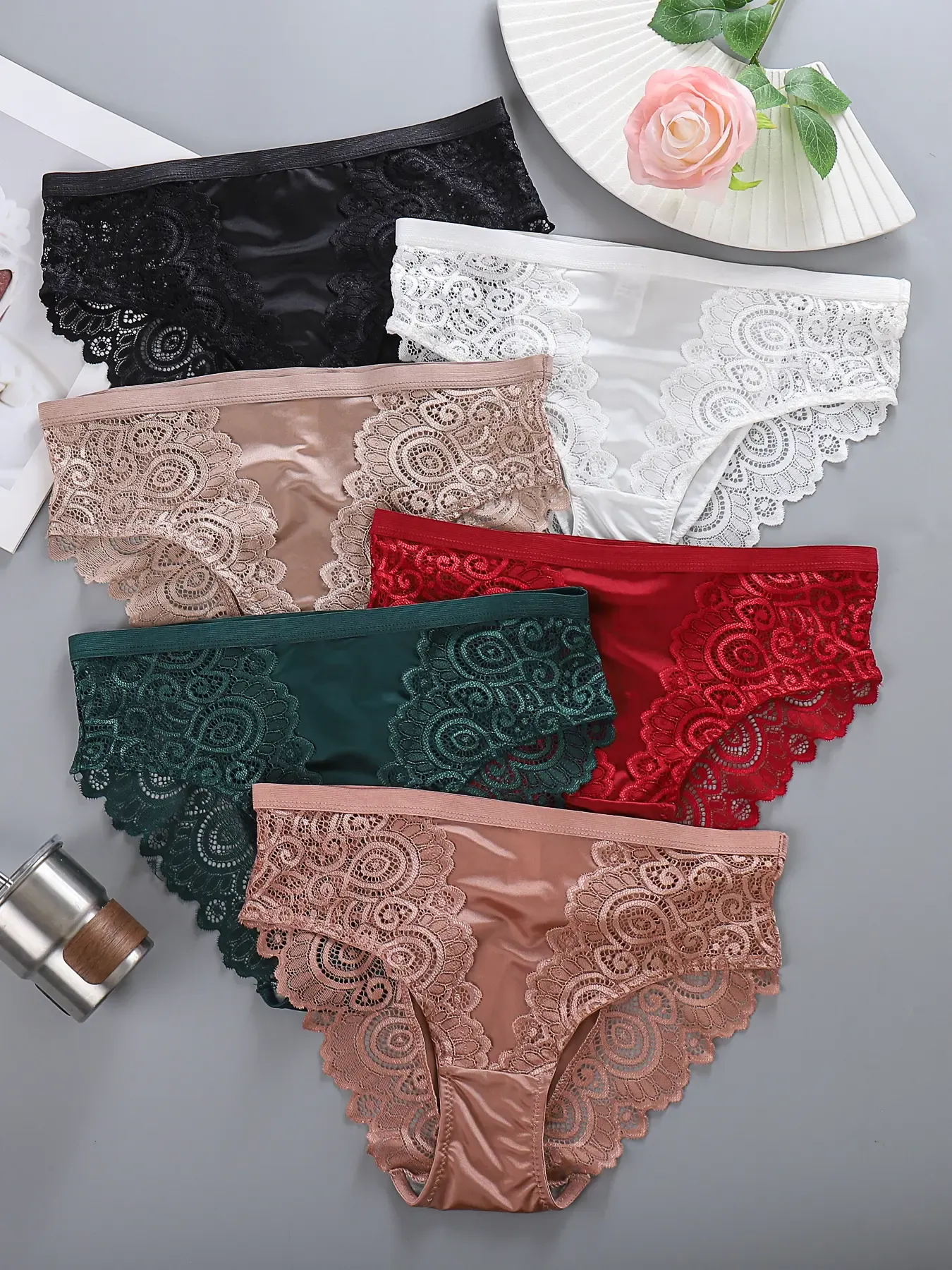 6 Pack Women's Satin Lace Trim Hipster Underwear Sexy Low Rise Briefs