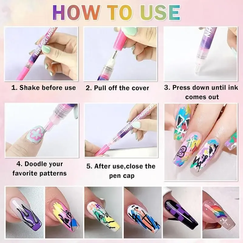 12 Colors Nail Art Markers 0.5mm Fine Tip Water-Based Quick Dry Nail Graffiti Pens for DIY Nail Art Design
