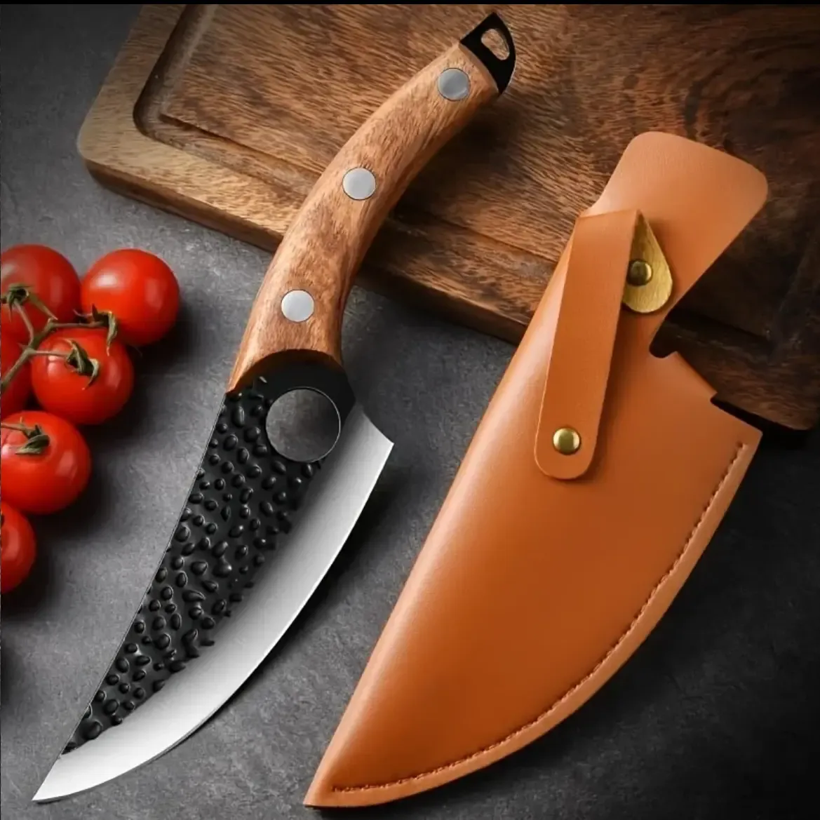 Hand Hammered Forged Boning Knife 5CR15 Stainless Steel Utility Knife with Hanging Hole for Easy Storage