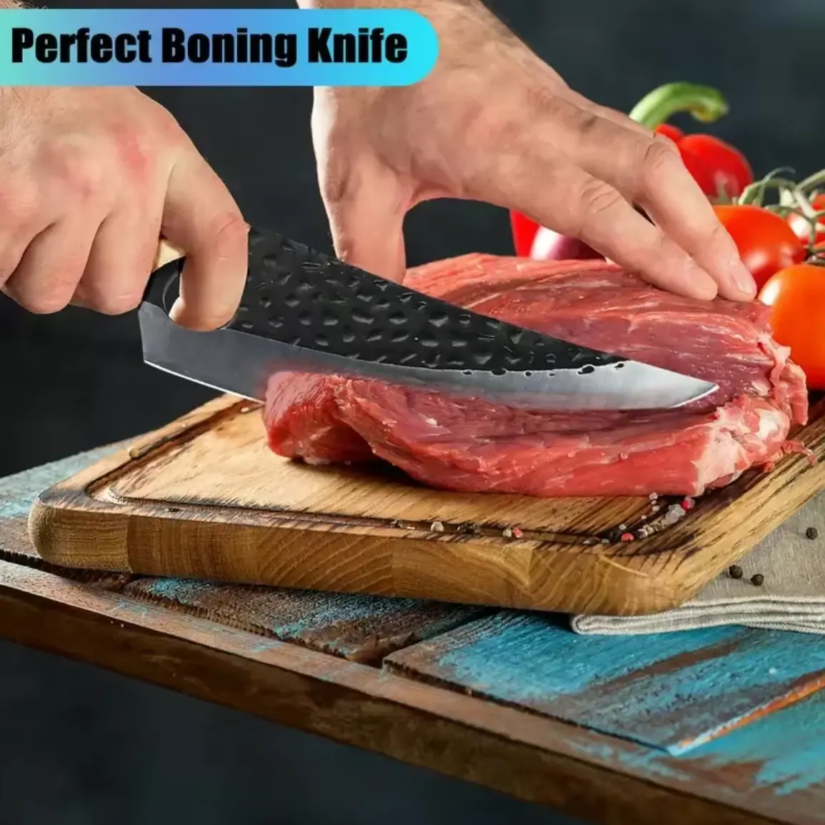 Hand Hammered Forged Boning Knife 5CR15 Stainless Steel Utility Knife with Hanging Hole for Easy Storage