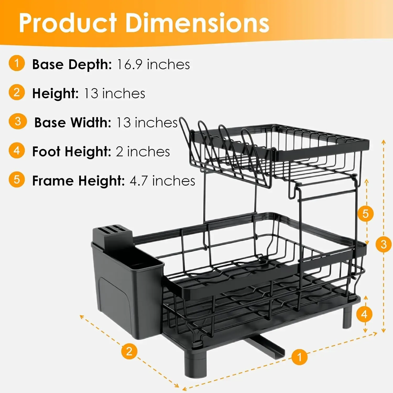 2 Tier Dish Drying Rack with Auto Drain System Detachable Cup Holder Utensil Holder Anti Rust Dish Rack for Kitchen Counter