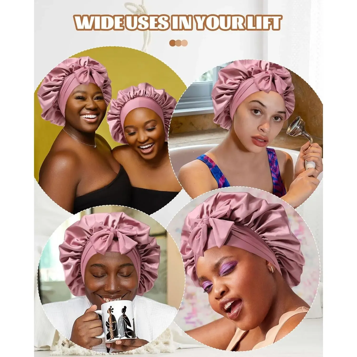 Reversible Satin Bonnet with Tie Band Double Layer Hair Care Cap for Sleeping Shower and Daily Use