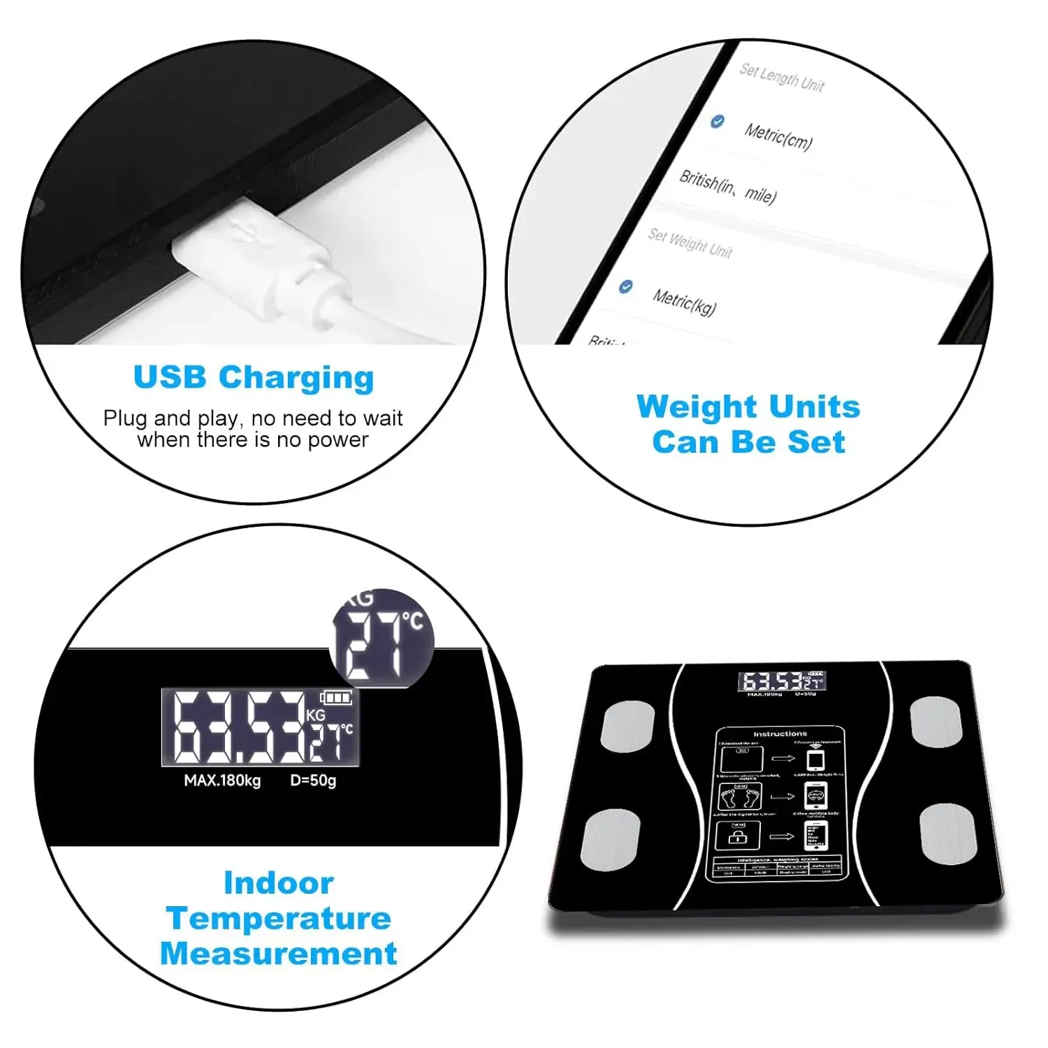 Smart Bluetooth Body Fat Scale with USB Charging, 180kg High Precision Body Composition Monitor for Weight, Fat, Muscle and Water Tracking, Sync with Health Apps