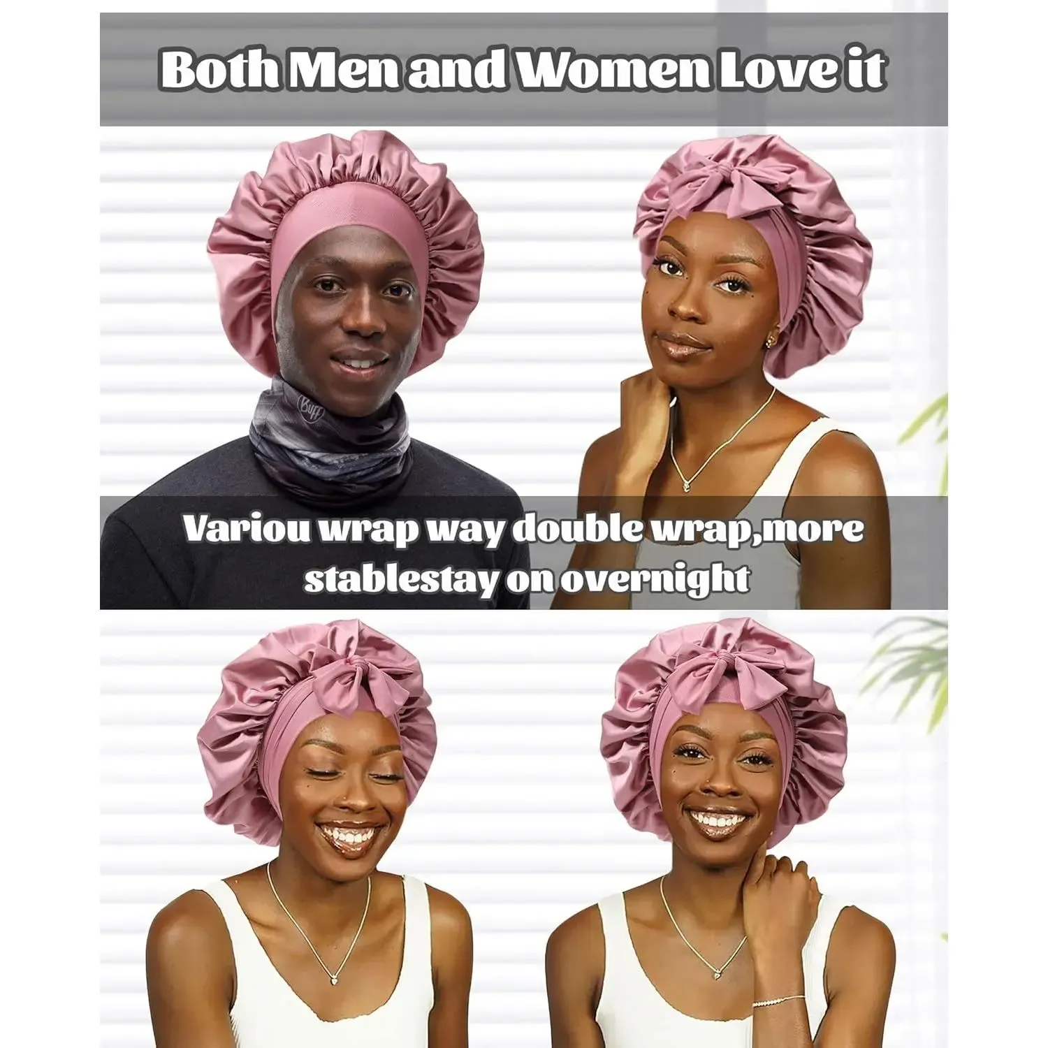 Reversible Satin Bonnet with Tie Band Double Layer Hair Care Cap for Sleeping Shower and Daily Use