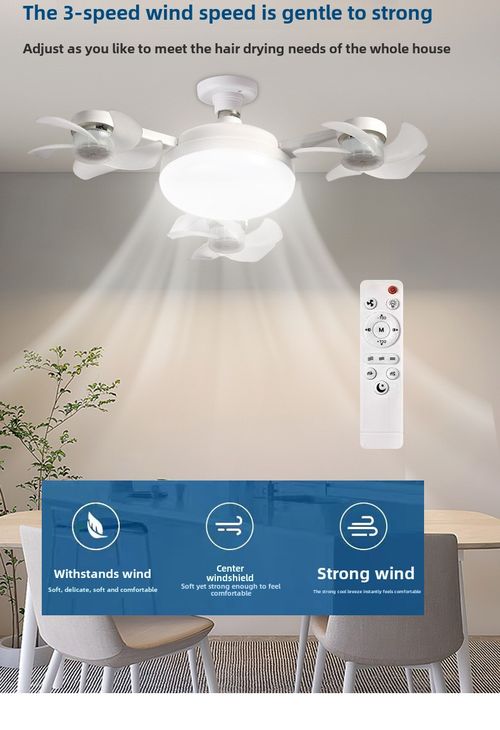 4-Head Foldable LED Ceiling Fan Light with Remote Control E27 Base Free Base and Extension Rod 3-Speed Wind 3-Color Dimmable
