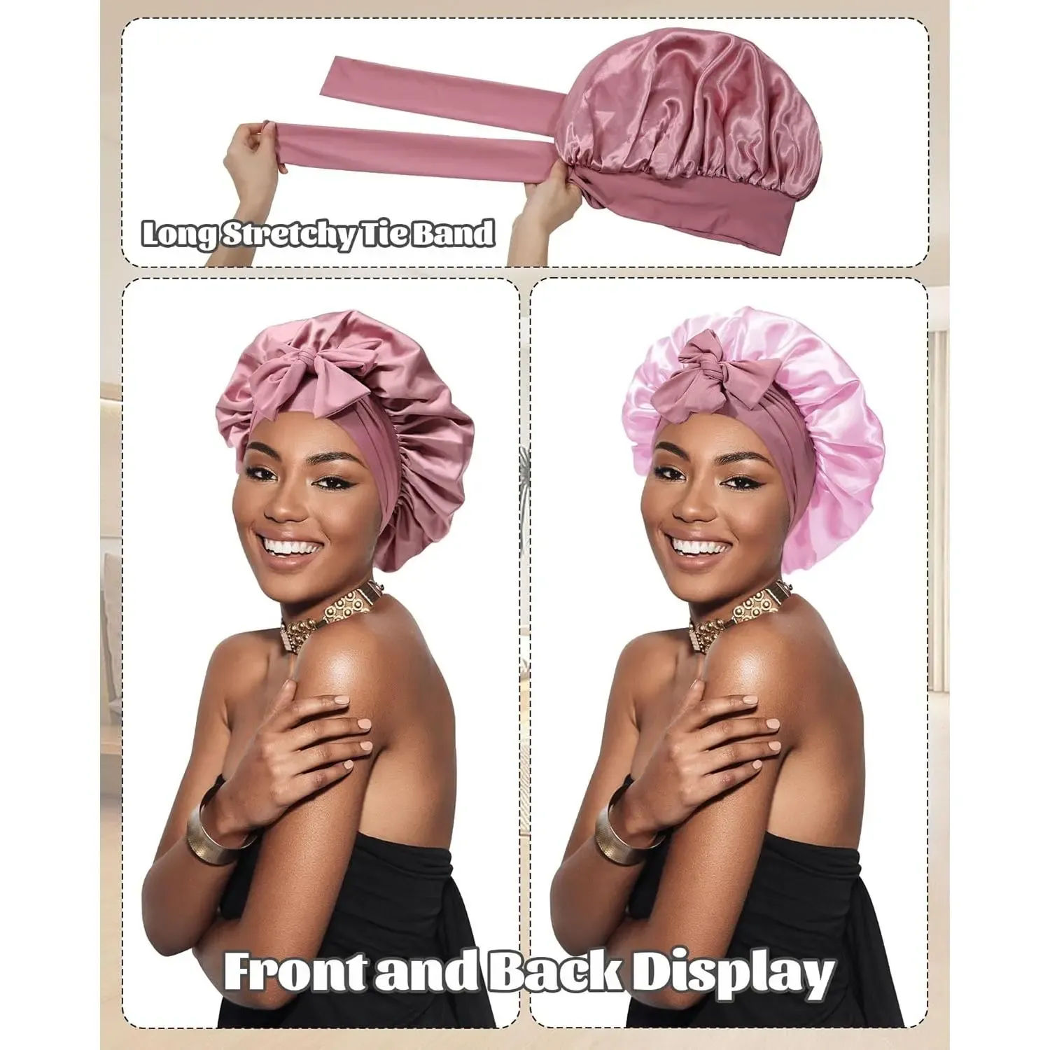 Reversible Satin Bonnet with Tie Band Double Layer Hair Care Cap for Sleeping Shower and Daily Use