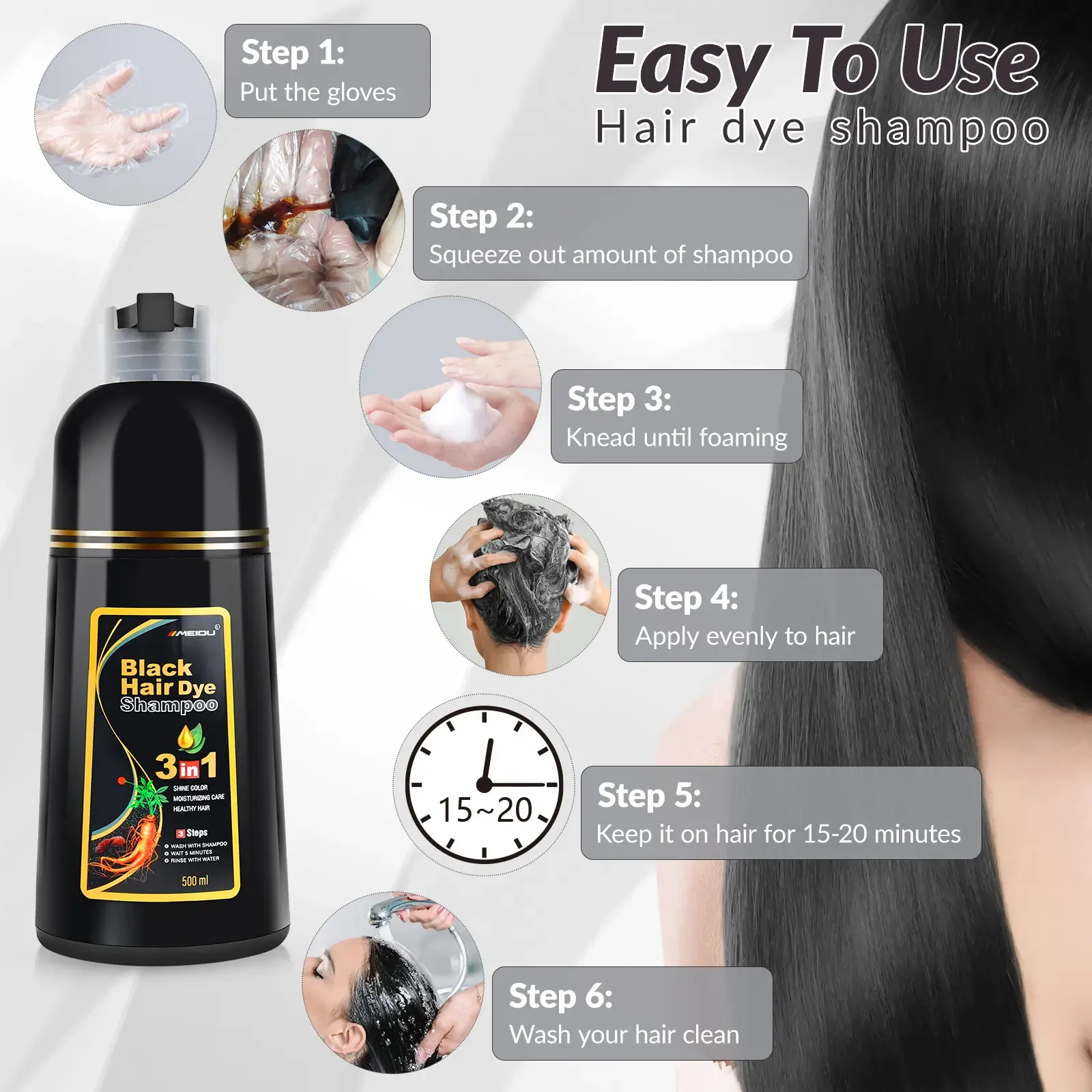 3 in 1 Black Hair Dye Shampoo Natural Herbal Permanent Hair Color for Gray Hair Coverage with Ginseng Hair Mask Best Gift for Parents