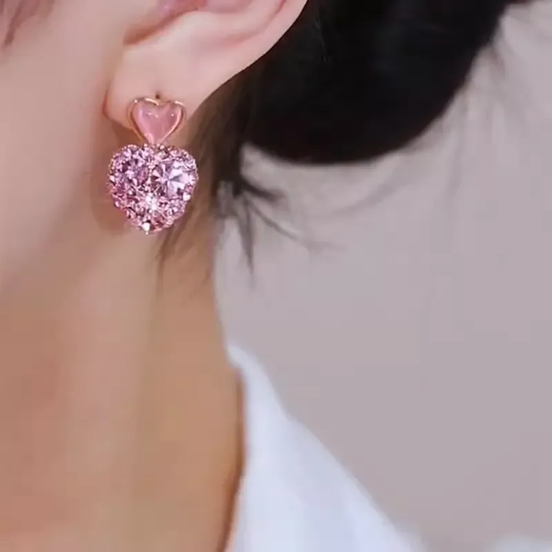 Elegant Pink Heart Crystal Earrings for Girls Dainty Love Studs Fashion Jewelry for He