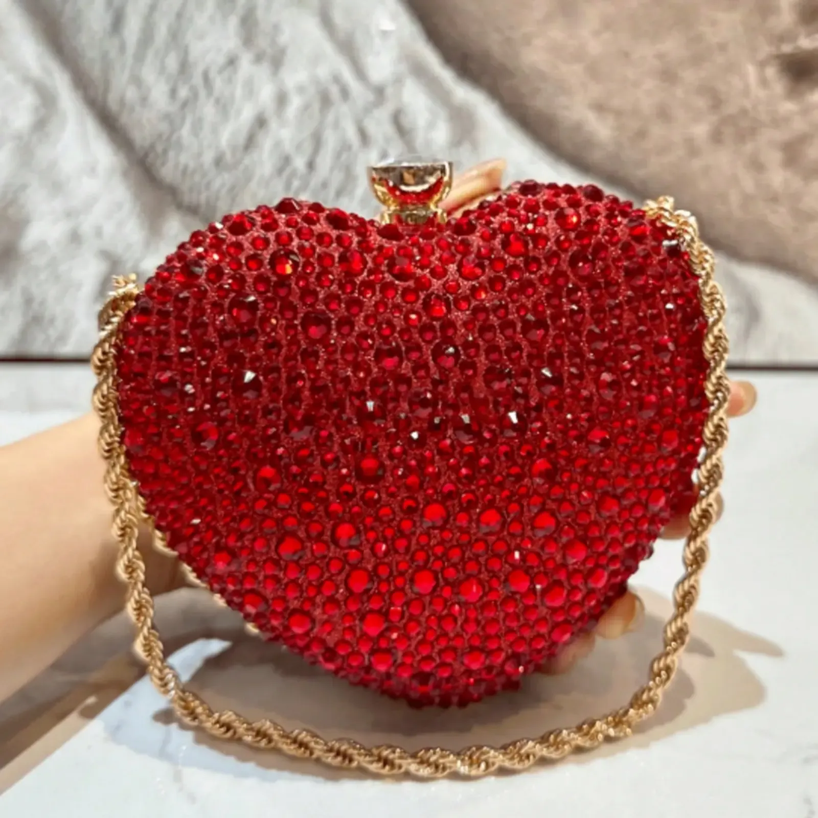 Red Heart Shape Crystal Clutch Purse for Women Evening Party