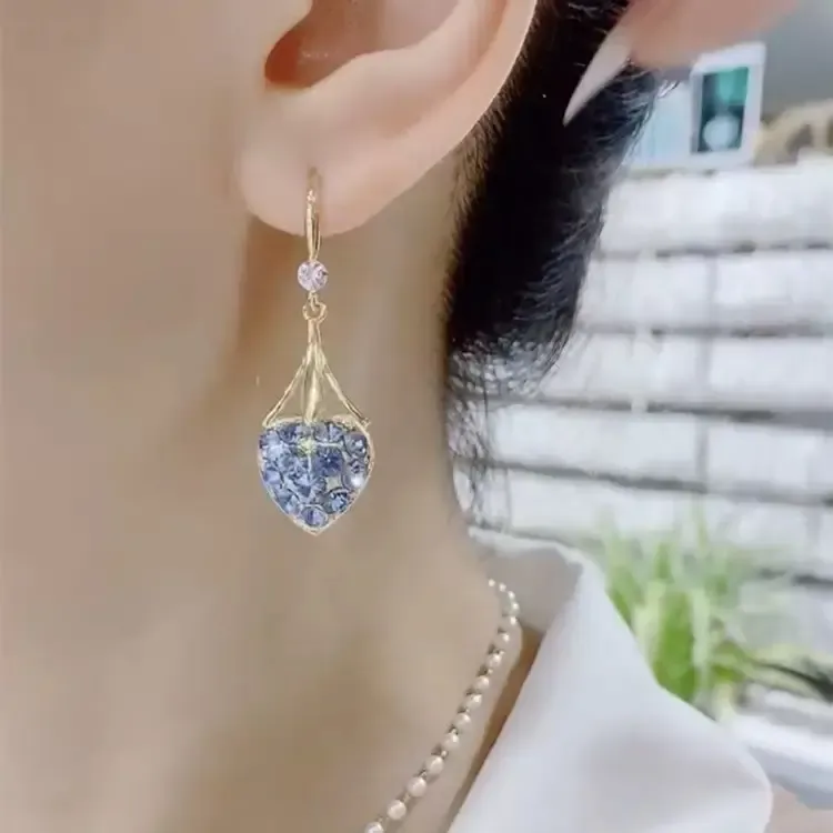 Blue Heart Crystal Dangle Earrings Gold Plated Drop Earrings for Women