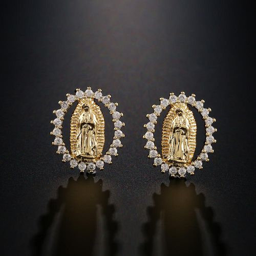 Gold Plated Virgin Mary Stud Earrings with Sparkling Crystal Surround