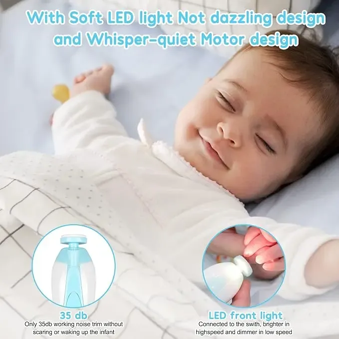 Baby Electric Nail Trimmer with LED Light Quiet Motor 6 Grinding Heads for Infants and Newborns