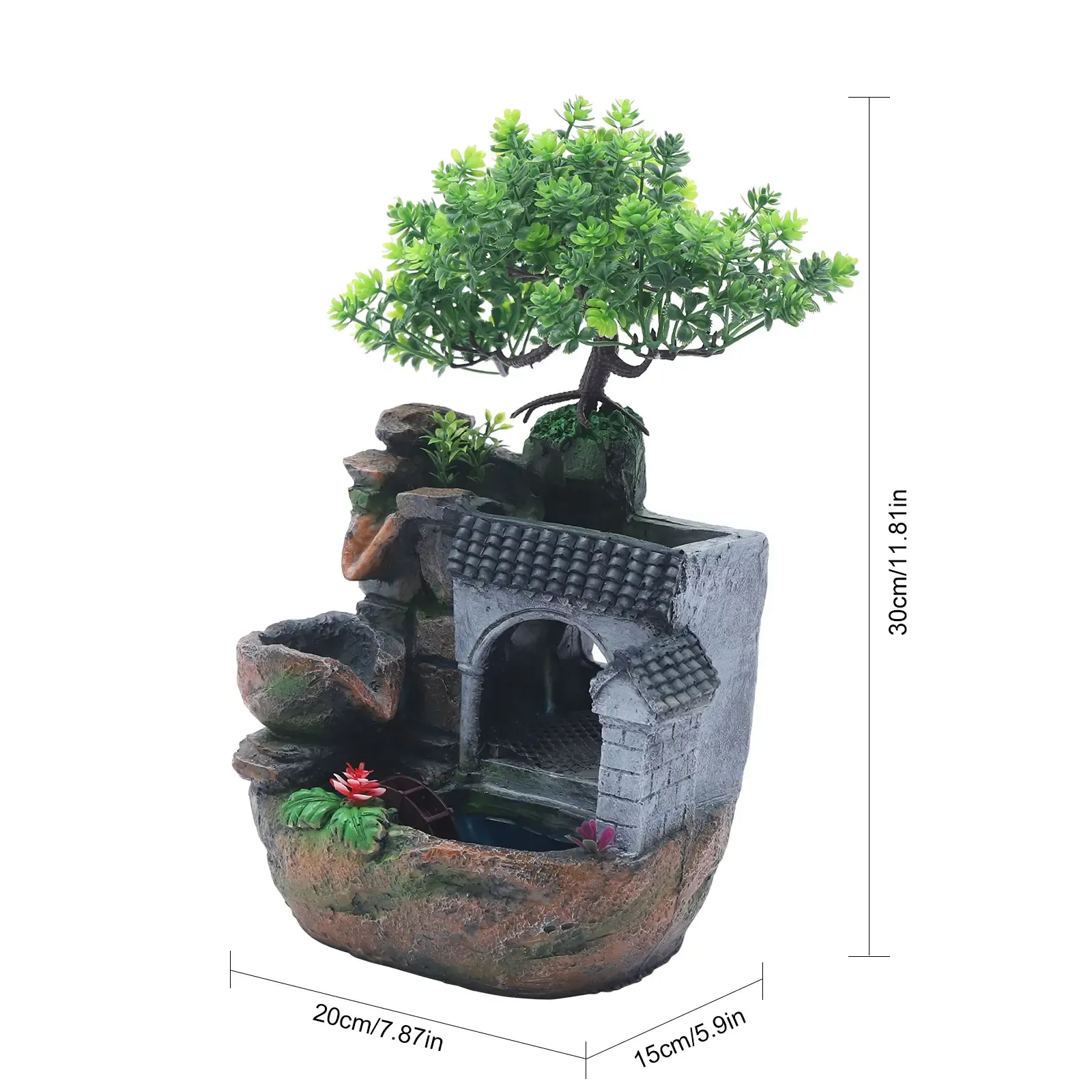 Desktop Water Fountain with LED Rain Curtain, Feng Shui Water Wheel and Artificial Bonsai Tree for Home Office Decor