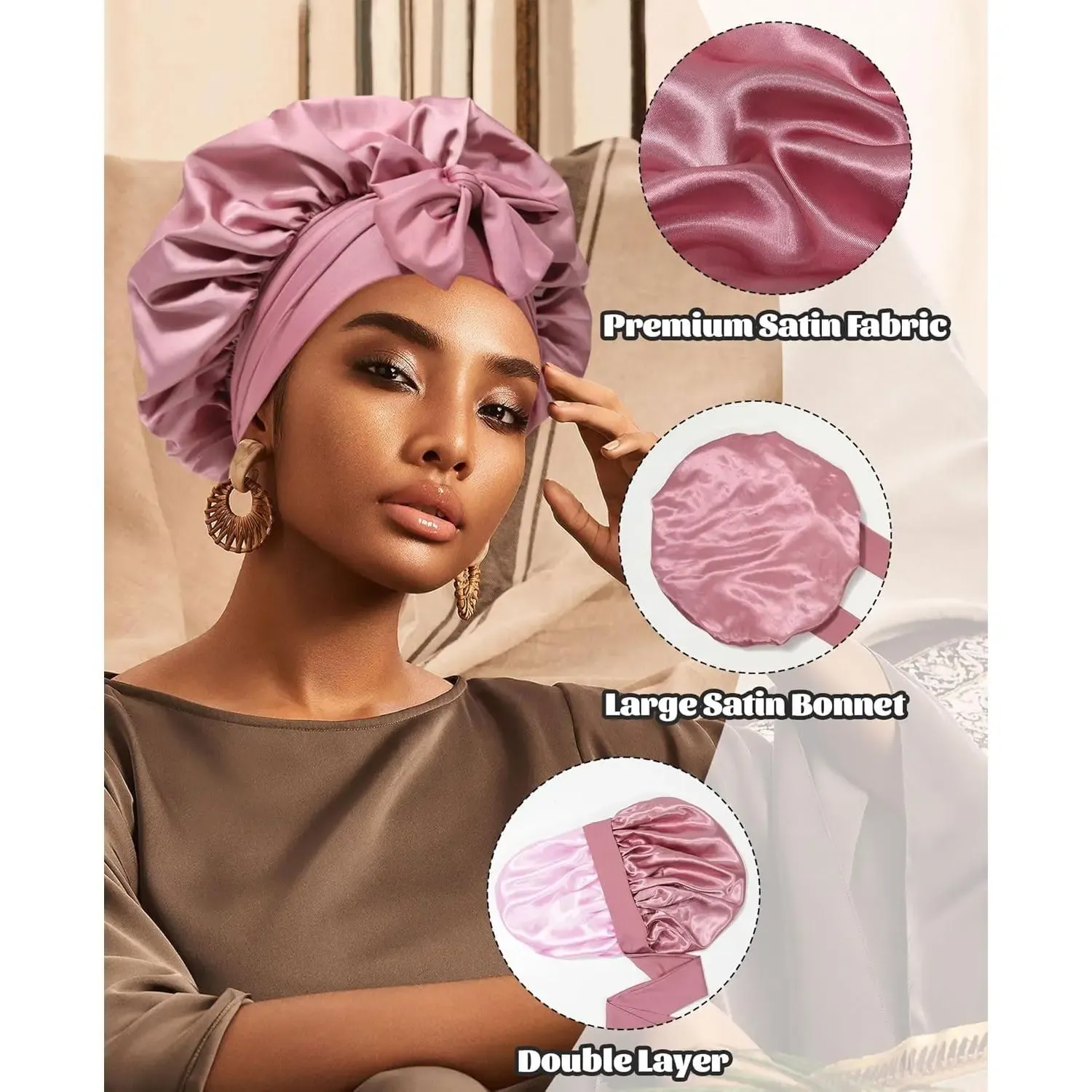 Reversible Satin Bonnet with Tie Band Double Layer Hair Care Cap for Sleeping Shower and Daily Use