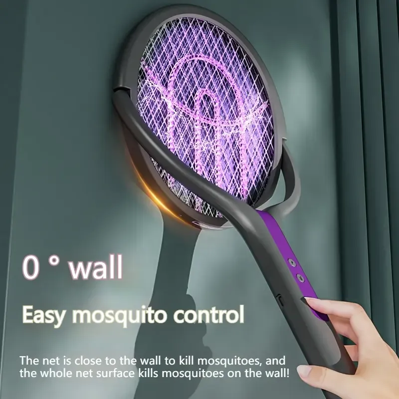 Foldable Telescopic Electric Fly Swatter 90 Degree Rotatable Mosquito Racket with Purple Light