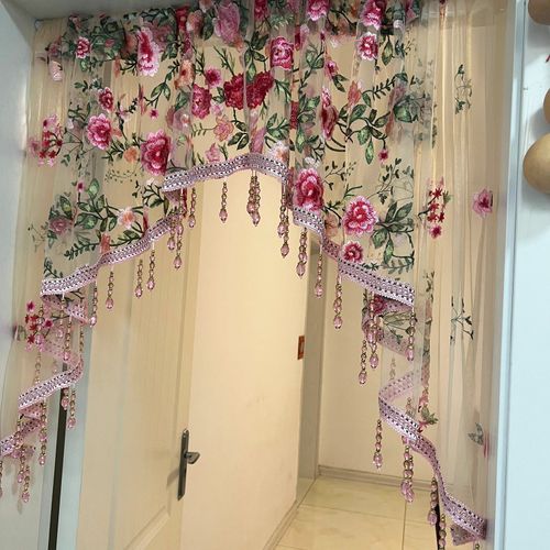 No Drill 2 Panels Embroidered Lace Door Curtain with Adjustable Telescopic Rod 60 to 110cm