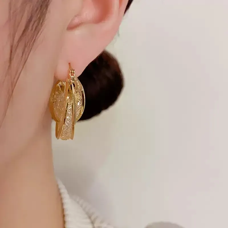 Luxury Gold Plated Multi Layer Hoop Earrings for Women Elegant Mesh Wrapped Huggie Earrings Daily Party Jewelry Gift