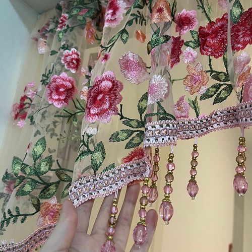 No Drill 2 Panels Embroidered Lace Door Curtain with Adjustable Telescopic Rod 60 to 110cm