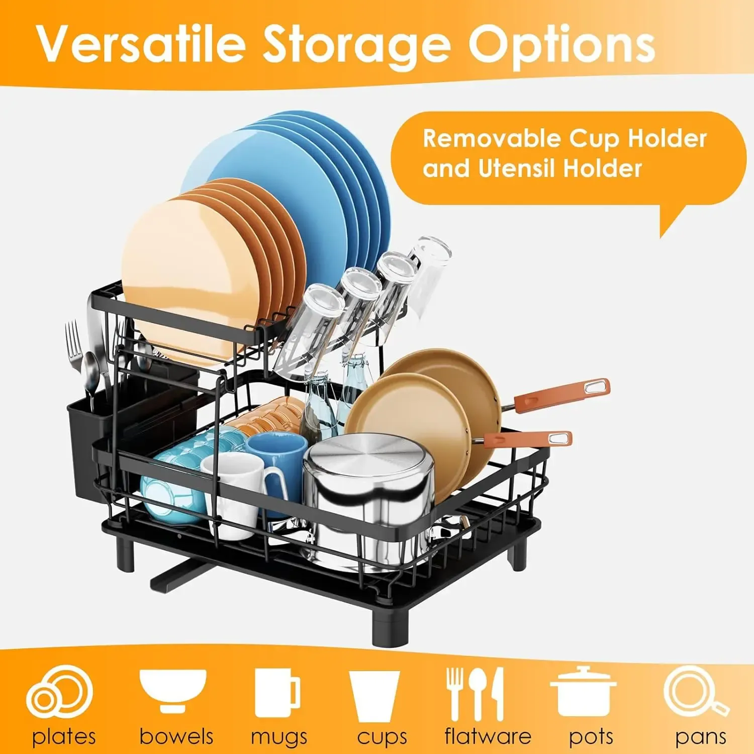 2 Tier Dish Drying Rack with Auto Drain System Detachable Cup Holder Utensil Holder Anti Rust Dish Rack for Kitchen Counter