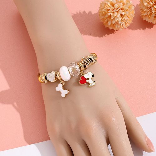 Gold Tone Snoopy Inspired Cartoon Dog Charm Bangle Bracelet with Heart and Bone Charms
