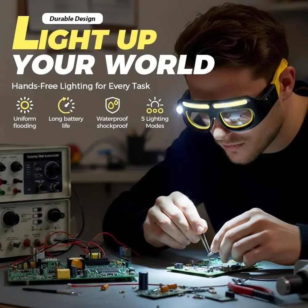 Hands Free LED Headlamp Glasses 5 Modes COB XPE Work Light Waterproof Rechargeable Safety Glasses for Repair Hiking Cycling