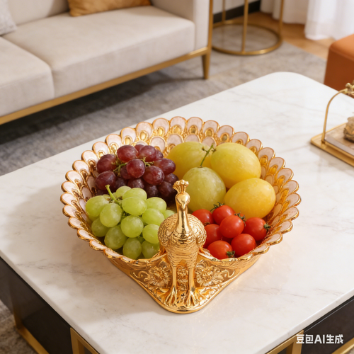Decorative Golden Peacock Fruit Plate Snack Storage Tray for Home and Party Use